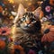 A photorealistic portrait of a cute cat is framed by flowers in a natural setting by AI generated