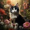 A photorealistic portrait of a cute cat is seen in a natural setting, adorned with flowers by AI generated