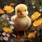 A photorealistic portrait of a cute chick is framed by flowers in a natural setting by AI generated