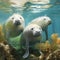 A photorealistic portrait of cute Dugongs in a natural sea setting, surrounded by coral and seaweed by AI generated