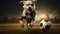 Photorealistic Portrait Of A Dog Chasing A Soccer Ball In A Dark Field