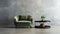 Photorealistic Rendering Of Green Leather Chair On Cement Table With Potted Plant