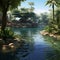 Photorealistic Serene Oasis with Mirror-like Surfaces