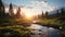 Photorealistic Sunrise In Forest Landscape With Stream - Terragen Style