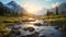 Photorealistic Sunrise Landscape: River, Mountains, And Wilderness