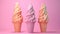 Photorealistic surrealism style ice cream cones displayed on a colour pastel  backdrop, creating an artistic composition.