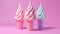 Photorealistic surrealism style ice cream cones displayed on a colour pastel  backdrop, creating an artistic composition.