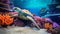 Photorealistic Turtle Swimming Among Colorful Corals In An Aquarium