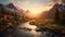 Photorealistic Wilderness Landscape: 3d Model Of Mountains And River At Sunset