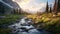 Photorealistic Wilderness Landscape: Sunlit Mountains With Stream