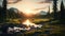Photorealistic Wilderness Landscape: Sunrise Over Mountains, River, And Trees