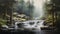 Photorealistic Wildlife Art: A Captivating Painting Of A Misty Waterfall In The Woods