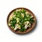Photorealistic Wooden Plate With Green Vegetable Salad And Cauliflower