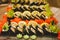 Photos of fresh sushi dishes with great variety. Selective focus on the beginning of the dish. Horizontal colorful, bright frame