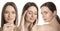 Photos of young woman with lifting marks on face against background, collage. Cosmetic surgery