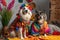 photoshoot featuring cat and dog models in colorful outfits made by felines and canines