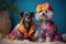 photoshoot featuring cat and dog models in colorful outfits made by felines and canines