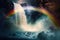 photoshopped image of rainbow hovering over waterfall, with mist and spray surrounding the base