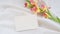 Photostock wedding styled composition. Feminine desktop mockup scene with eucalyptus leaves, silk ribbon, blank brown greeting car