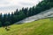 Photovoltaic power station, alpine meadow, pasture and grazing horses with alpine mountains in the background.