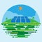 Photovoltaic Power Station or Solar Farm flat scene background vector design.
