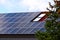 photovoltaic PV solar panels on sloped residential clay tile roof. green pine tree branches in the foreground