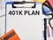 Phrase 401K PLAN written on paper clipboard