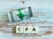 Phrase CPA center placed lettering created using square letter tiles