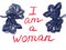 Phrase I am a woman written with lipstick and framed with blue lace flowers