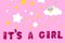 Phrase ITS A GIRL made of foil balloon letters and stars on background. Baby shower party