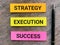 Phrase STRATEGY EXECUTION SUCCESS written on sticky note with a pen.