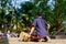 Phu Thai people hitting klong or drum khaek for dancing phu thai