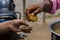 Phuchka or Pani Puri being served on a bowl made of shal leaves in india. This popular street food is also called gupchup or