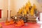 Phuket, Thailand, 04/19/2019 - Group of buddhist monks praying together at the Chalong Temple