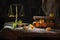 physalis fruits escape from a jewelery box to a brass scale, still life metaphor on a rustic wooden table in front of a dark