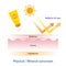 Physical, mineral sunscreen reflects UV rays vector on white background.