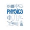 Physics doodle with light prism, sound waves and atom. Hand drawn science items isolated in white background. Card with