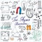 Physics and science elements doodles icons set. Hand drawn sketch with microscope, formulas, experiments equipment, analysis tools