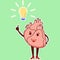 Physiological heart emoticon. A cute cardiology character points to a light bulb with an idea