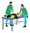 Physiotherapist and patient exercising in rehabilitation center,  illustration. Doctor supports sport man during therapy.