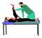 Physiotherapist and patient exercising in rehabilitation center,  illustration. Doctor supports sport woman during therapy