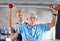 Physiotherapist, senior man exercise and weight training for health and wellness therapy in retirement. Healthcare