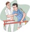 Physiotherapist standing by a male patient walking during a rehabilitation therapy. Vector illustration