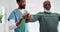 Physiotherapy, hand and resistance with a black man in a clinic for rehabilitation or recovery from injury. Consulting