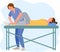 Physiotherapy rehabilitation assistance vector illustration. Patient lying on massage table therapist doing healing