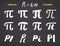Pi symbols hand drawn icons set , Grunge calligraphic mathematical sign, vector illustration on chalkboard background