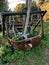 Piaggio ape car abandoned in vineyard hills, Liguria, Italy