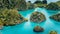 Pianemo Islands, Blue Lagoon with Green karst limestone Rocks, Raja Ampat, West Papua. Indonesia