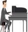 Pianist character musician in concert costume playing musical composition on grand piano on stage
