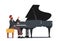 Pianist in Concert Costume Playing Musical Composition on Grand Piano for Symphonic Orchestra or Opera Performance